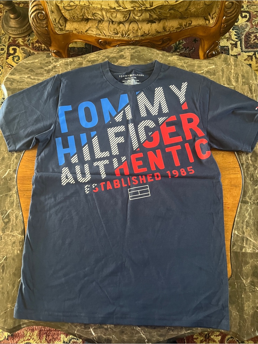 Tommy Hilfiger Navy Short Sleeve Logo Graphic Tee with Red & Blue Print
